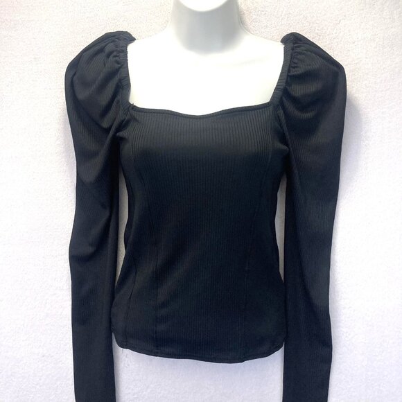Free People Puff Shoulder Square Neck Shirt Womens Medium M Black Ribbed Stretch - Picture 2 of 13